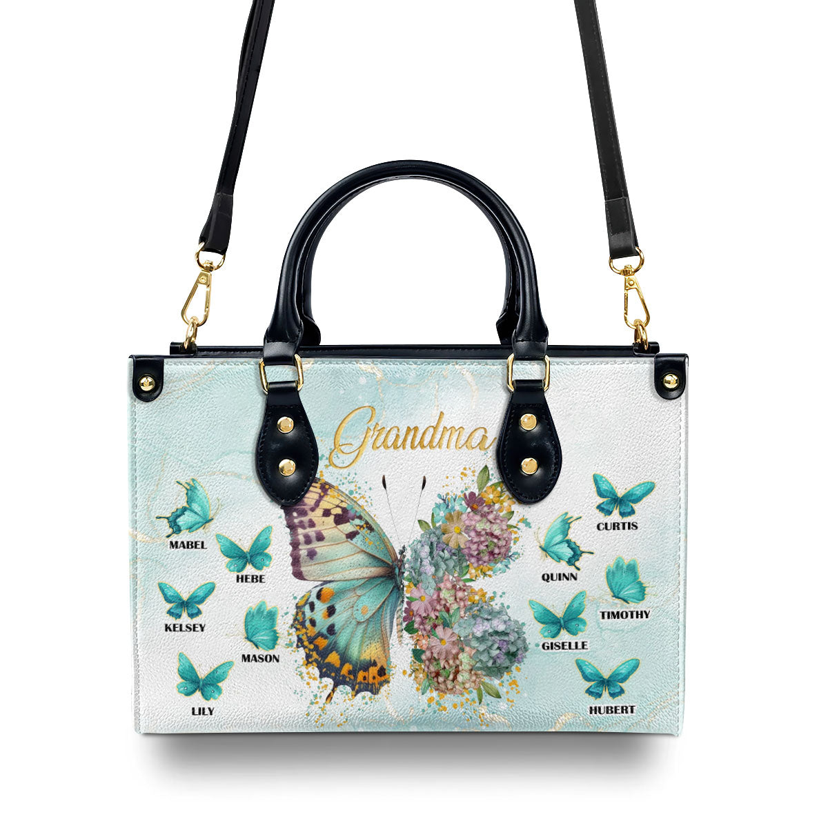 Grandma Butterfly Flower - Personalized Leather Handbag SBLHBLN1414TA