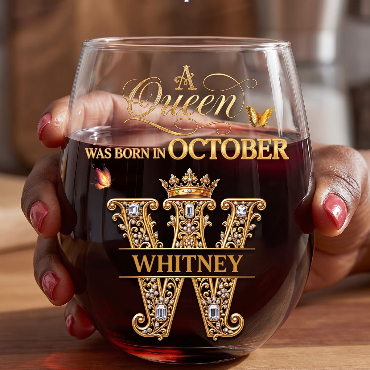 A Queen Was Born In Month - Personalized Stemless Wine Glass