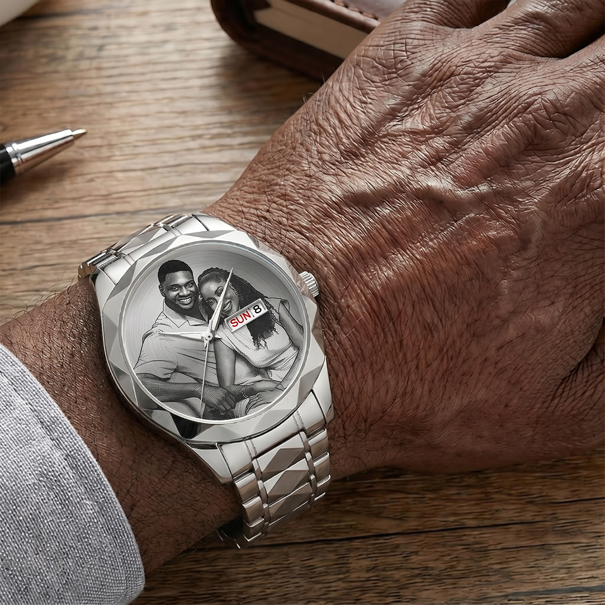 Custom Photo Husband Wife Couple Anniversary Gift - Personalized Men's Wrist Watch