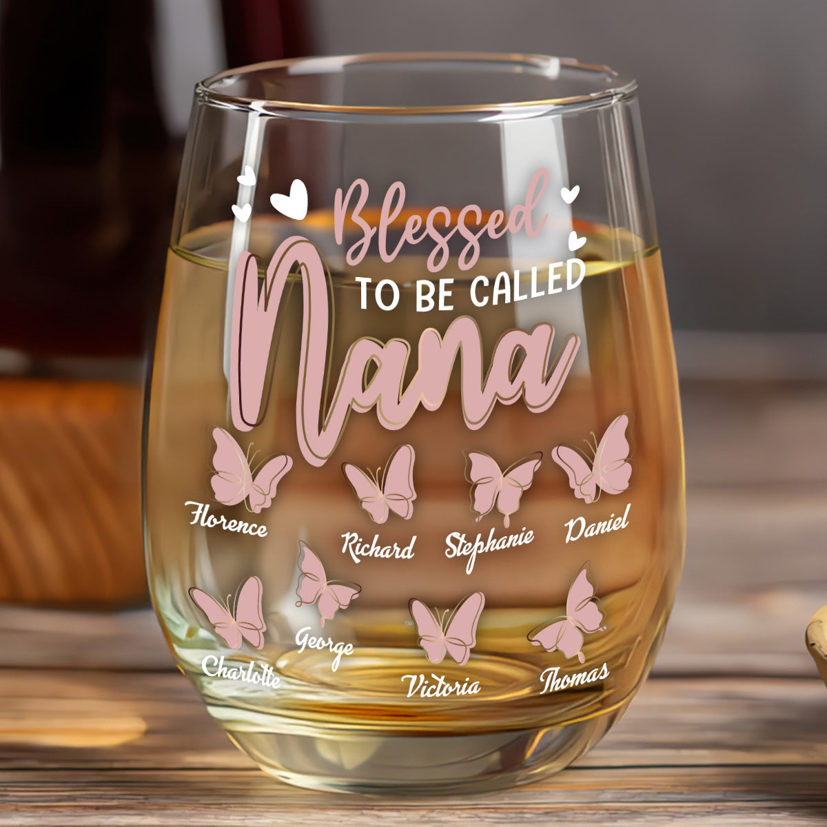 Blessed To Be Called Nana Butterfly - Personalized Stemless Wine Glass