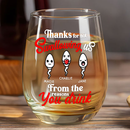 Thanks For Not Swallowing Us - Personalized Stemless Wine Glass