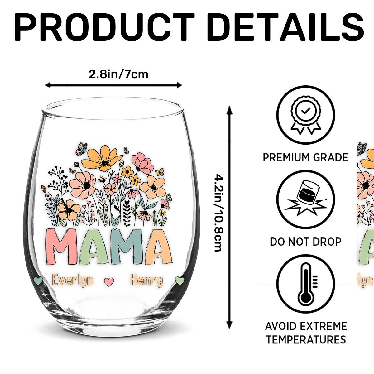 Grandma Flower - Personalized Stemless Wine Glass