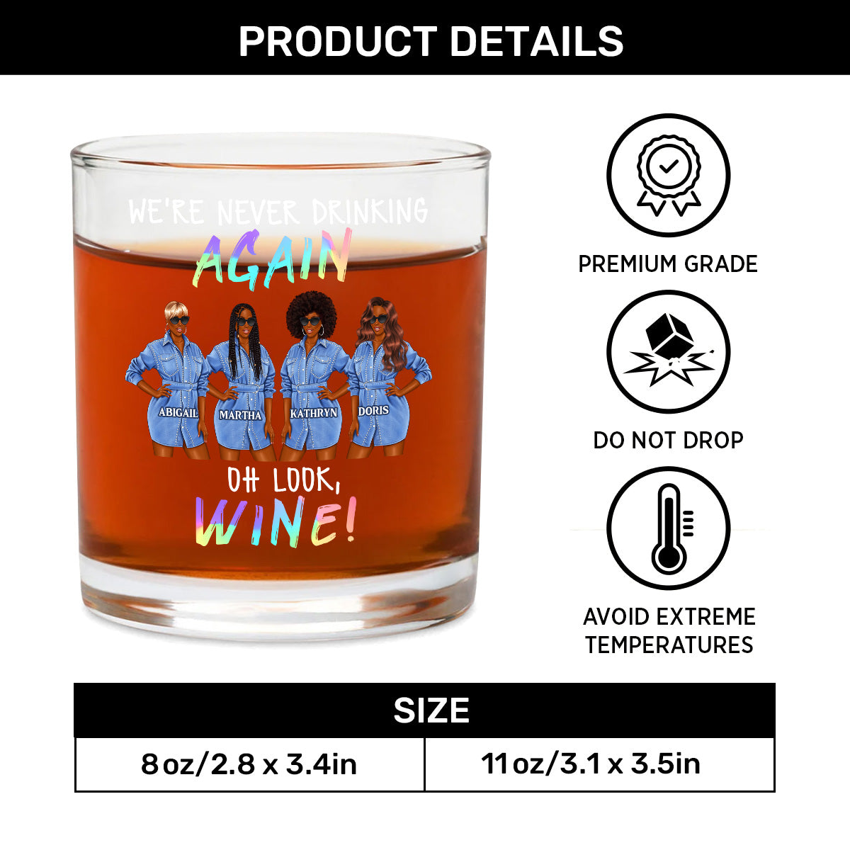 We're Never Drinking Again - Personalized Round Whiskey Glass